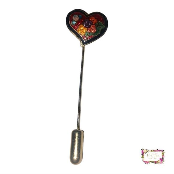 Vintage Heart Shaped Cloisonné Floral & Butterfly Stick Pin - Picture 11 of 14
